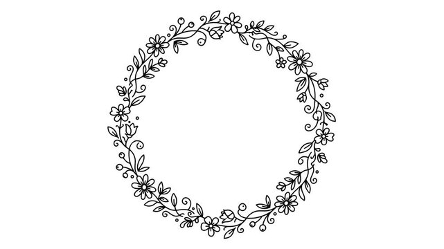 Doodle Flower Wreath Outline Frame Spinning on White Background
