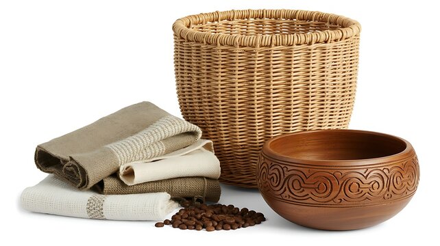 Woven wicker basket with linen towels and carved wooden bowl with coffee beans