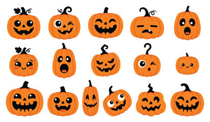 Fototapeta premium A collection of various cute and spooky halloween jack o lantern pumpkin faces isolated on a white background