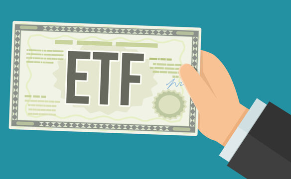 Businessman hand holding an ETF exchange traded fund share certificate on teal background representing stock market index investing, asset portfolio, and financial growth