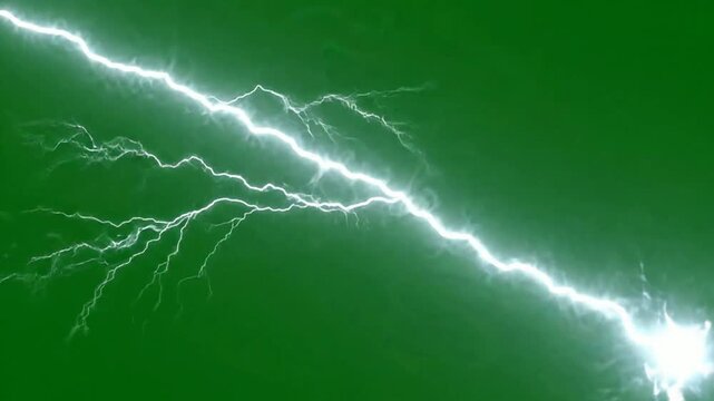 Realistic lightning bolt strike on green screen, voltage electric discharge overlay for vfx compositing