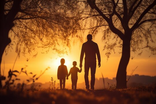 Father and sons walking together outdoors at golden hour, creating a warm silhouette