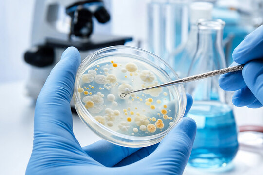 Scientist hands in blue gloves holding petri dish with bacterial colonies and inoculation loop in laboratory. Microbiology research and bacteria culture