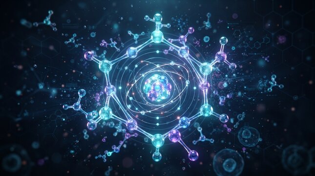 Abstract molecular structure and atomic particles glowing in dark digital space with molecular structure molecule chemistry technology abstract microscopic
