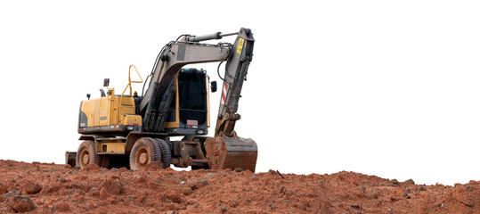 Excavator PNG cutout on soil mound for construction and earthmoving design © memorystockphoto