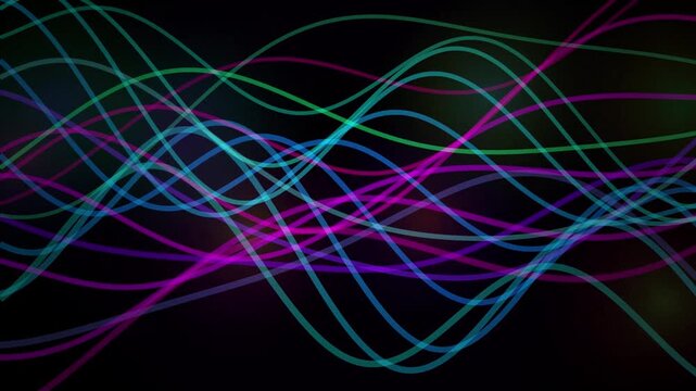 Neon lines swirl and intersect across a black background in a dynamic light display abstract animation arcing artistic blur bright