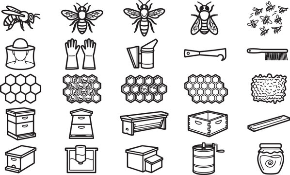 A collection of black and white icons representing beekeeping tools, honeycombs, beehives, and bees, presented in a clean, graphic design layout.