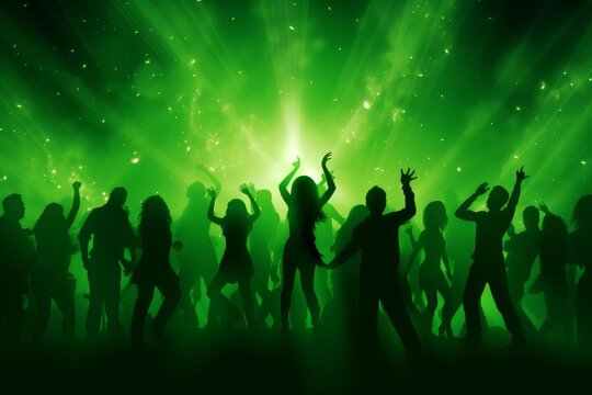 Partygoers dancing together in a nightclub with vibrant green light beams and energy particles