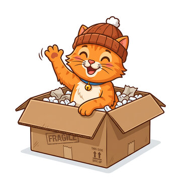 Cute orange cat wearing a beanie waving from a cardboard shipping box