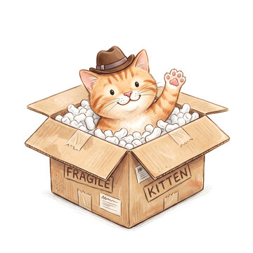 Cute ginger kitten wearing a hat inside a cardboard box waving