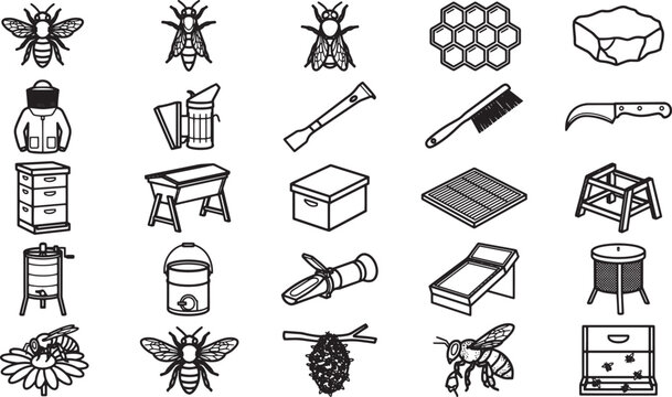 A collection of line art icons depicting beekeeping tools and elements, including bees, beehives, honeycombs, and protective gear, presented in a clean, illustrative style.