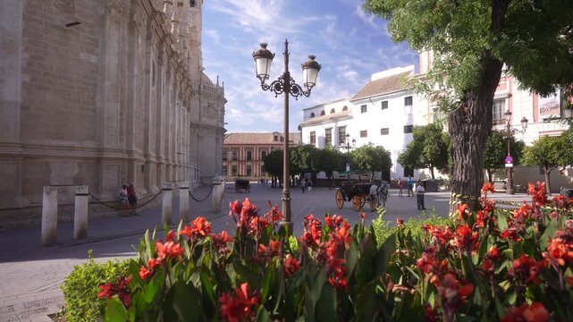 View of external wall of Royal Alcazar of Seville on a sunny day, Seville, Andalusia, Spain