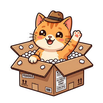 Cute ginger cat in a cardboard box waving its paw