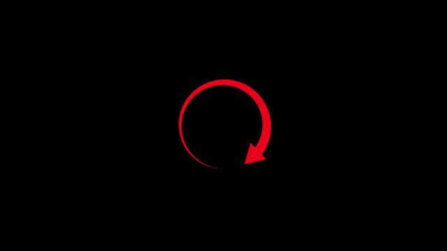 Animated rotating circular arrow for loading process update and refresh cycle motion graphics on black background.Circle arrow refresh and reload icon animation with loading progress.