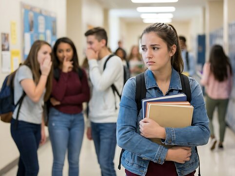 Sad teenage girl standing in a school hallway while a group of students gossip and whisper behind her back, depicting themes of bullying and social exclusion