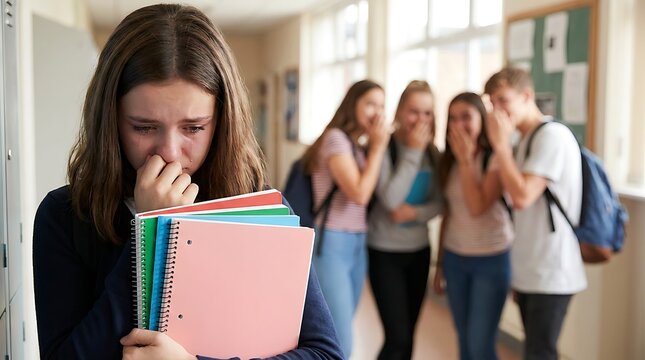 Sad teenage girl crying in school hallway while being bullied and gossiped about by a group of students in the background