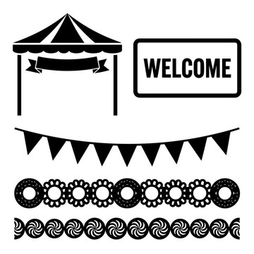 Carnival tent welcome sign bunting flags and floral decorative borders