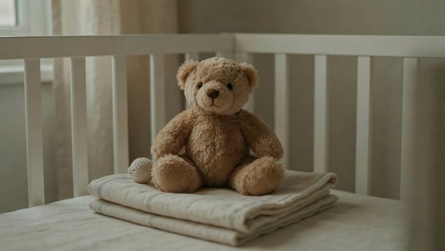 Cute teddy bear sitting on folded blanket inside baby crib