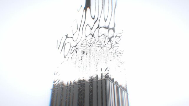 Monochrome glass pillar morphs into liquid streams against an illuminated bright white studio space in an elegant high key 3D animation background