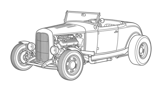 Vintage Hot Rod Line Art: A detailed illustration of a classic hot rod roadster, showcasing its powerful engine, large rear wheels, and open-top design in a clean, artistic line drawing.