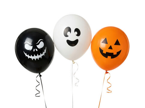 Three halloween balloons with spooky painted faces as isolated on transparent background