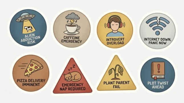 Set of humorous merit badges with funny life situation warning signs