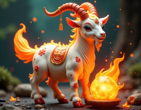 A statue of a goat with flames emerging from its body