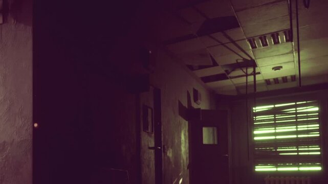 Sunlight streams through broken blinds into a room with peeling walls and a damaged ceiling. The space appears abandoned and shows signs of wear over time.