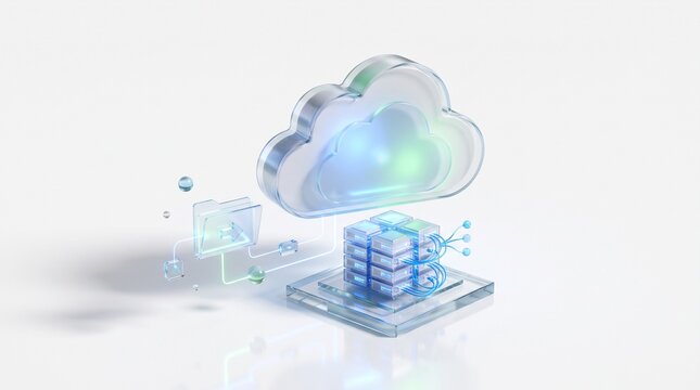 3D render of frosted glass cloud icon connected to server rack and floating folder isolated on white background. Cloud computing technology.