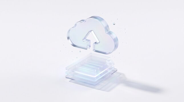 3D render of translucent glass cloud upload icon with document stack isolated on white background. Cloud sync and data backup concept.