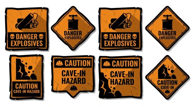Warning signs for mine safety explosives and cave in hazards