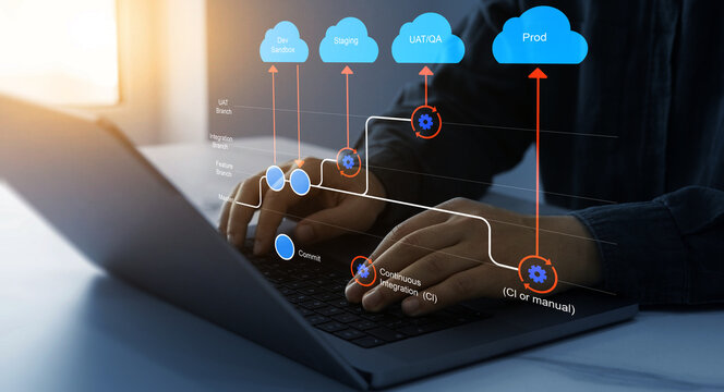.Development software diagram. Flowchart branching, development and release version process workflow. Expanded branch model. Merging, commit, master development for business.
UAT-QA. Git flow concept