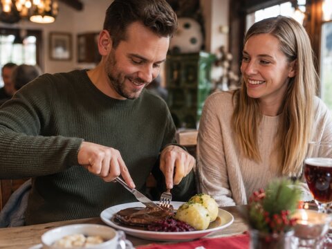 Deutsche regionale K&uuml;che: Paar genie&szlig;t Braten mit Rotkohl und Kartoffelkn&ouml;deln in einem gem&uuml;tlichen Gasthaus. Klassische Hausmannskost, Restaurantbesuch und kulinarischer Tourismus.