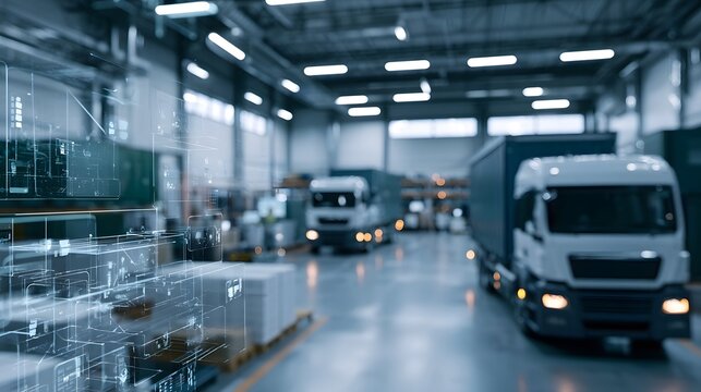 Modern warehouse interior with trucks and digital interface overlays showing logistics and ope nal data