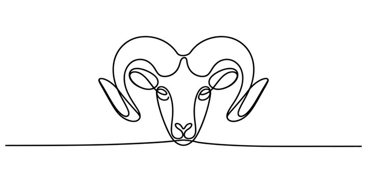 Continuous line drawing of ram head with spiral horns symbolizing aries zodiac sign on white background for minimalist astrological and animal themed designs.