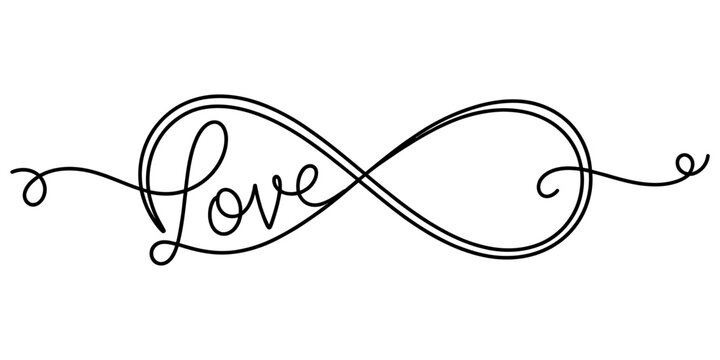 Infinity love sign written in single line calligraphy on white background for romantic wedding invitations valentines day cards and elegant relationship graphics.