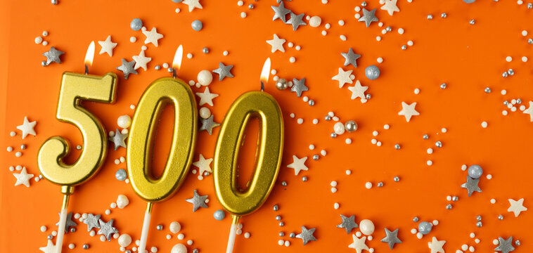 Five hundred subscriber. 500 followers card. Festive Orange Celebration Background with flame candles for Social media. 5 hundreds online community fans.