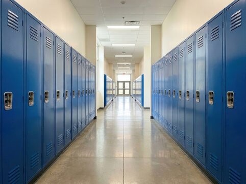 Empty school corridor with blue lockers and shiny concrete floors in modern high school