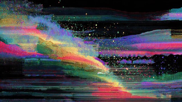 Vivid abstract digital art with neon glitch and pixel effects on a dark background
