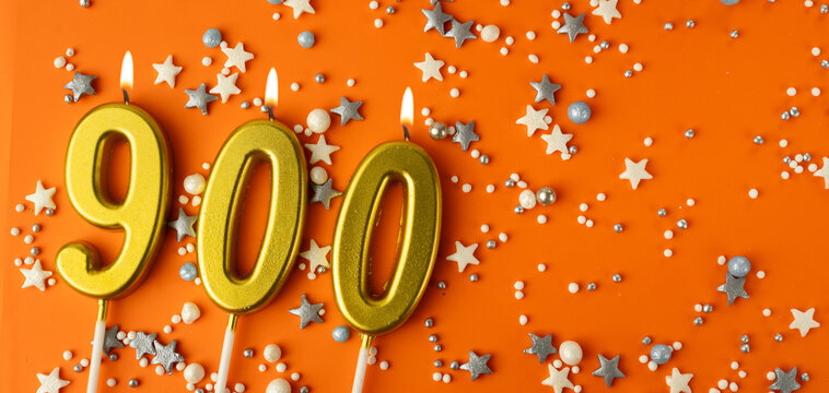 Nine hundred subscriber. 900 followers card. Festive Orange Celebration Background with flame candles for Social media. 9 hundreds online community fans.