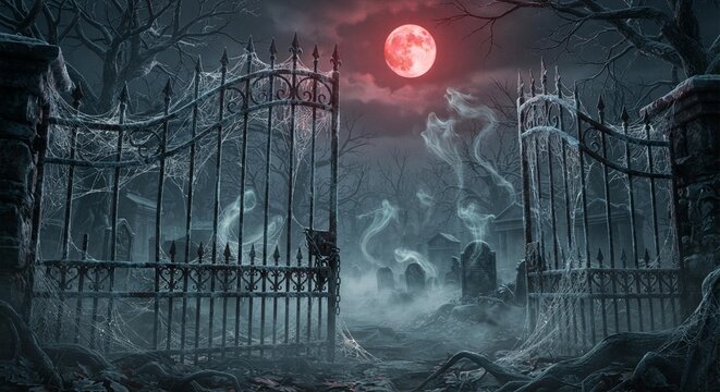 Halloween spooky graveyard gate with ghosts and red moon