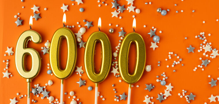Six thousand subscriber. 6000 followers card. Festive Orange Celebration Background with flame candles for Social media. 6k online community fans.