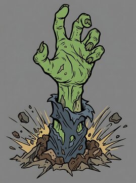 Green zombie hand bursting from the ground, undead creature rising from grave illustration.