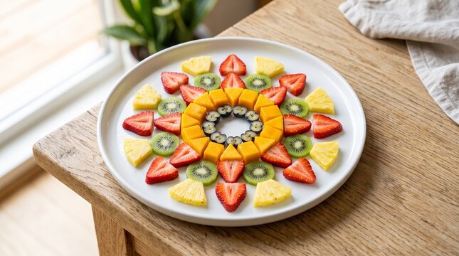 Colorful fruit platter arranged in a circular mandala pattern with strawberries kiwi mango and blueberries