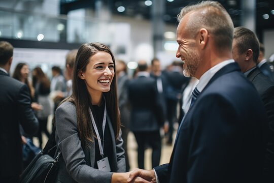 Two business professionals smiling while shaking hands, connecting at a corporate event