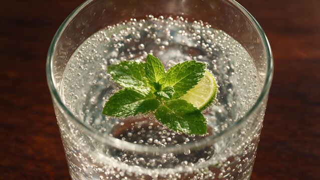 Refreshing carbonated sparkling water served in clear glass featuring vibrant green mint leaves and thin lime slice showing bright bubbles against dark wooden surface background