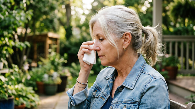 Elderly woman with white hair dabs her eye with a tissue outdoors