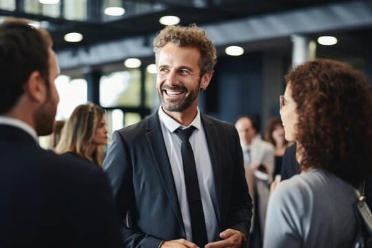 Happy businessman standing and conversing with colleagues at a business event