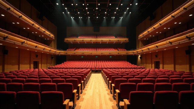 Large auditorium with red seats and wooden floor, suitable for concert or event photography