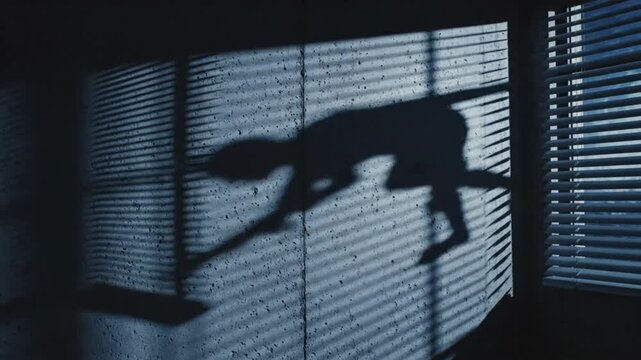 Scary Eerie Horror Shadow of Malevolent Entity Projected on Room Wall Through Window Blinds at Night Spooky Concept